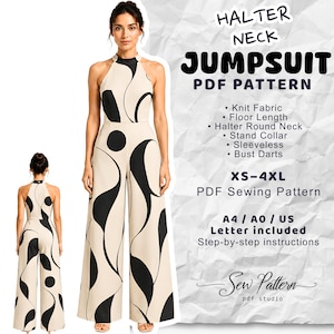 Può includere: Un cartamodello PDF per una tuta senza maniche con scollo all'americana e stampa astratta color crema e nero. Il testo include HALTER NECK JUMPSUIT PDF PATTERN, Knit Fabric, Floor Length, Halter Round Neck, Stand Collar, Sleeveless, Bust Darts, XS-4XL, A4/A0/US Letter included, Step-by-step instructions e Sew Pattern pdf studio.