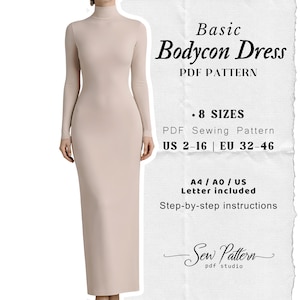 Cartamodello per abito lungo aderente – Collo alto, maniche lunghe, maglia, PDF (download digitale)