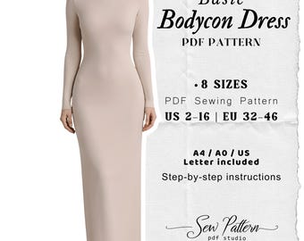 Mönster för maxiklänning med bodycon – Stickad med hög hals och lång ärm i PDF-format (digital nedladdning)