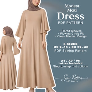 May include: A tan maxi dress with flared sleeves and a flowing circle fit. The image includes the text "Modest Maxi Dress PDF Pattern" and details about sizes and instructions. The dress is shown on a model.