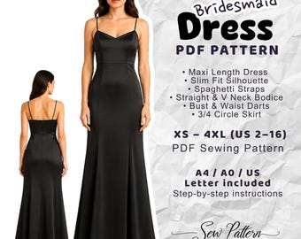 Long Bridesmaid Dress Sewing Pattern, Spaghetti Straps Maxi Gown (PDF)