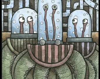 May include: A whimsical illustration of three glass jars with eyes and tentacles, sitting on top of a green octopus with many tentacles. The jars are surrounded by a network of pipes and tubes.