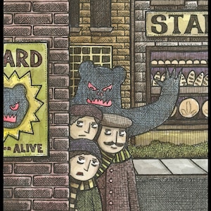 Puede incluir: Una ilustración en blanco y negro de un monstruo con una expresión amenazante, que lleva un sombrero y extiende una mano. Tres personas están de pie frente al monstruo, con aspecto asustado. El monstruo está de pie frente a un edificio con un letrero que dice "STAR".