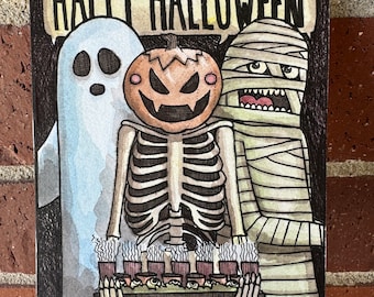 Pintura original - Monstruos felices de Halloween