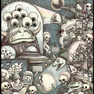 May include: A watercolor illustration with a whimsical, fantastical theme. The image features a variety of creatures, including a multi-eyed monster, a mermaid, a skeleton, and a fish. The text "IN SPACE & TIME!!" is written in a bold, black font at the top of the image.