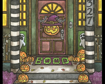 8x8 signed Trick or Treat House Print