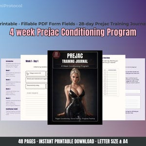 以下が含まれることがあります： 4週間のPrejacコンディショニングプログラムの印刷可能なトレーニングジャーナル。28日間のトレーニング用に設計された、入力可能なPDFフォームフィールドが含まれています。表紙には黒いドレスを着た女性が描かれています。レターサイズとA4サイズで利用可能です。