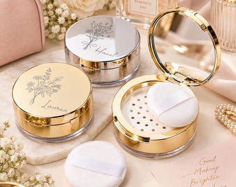 Personalized Loose Powder Compact with Mirror & Puff, Refillable Gold or Silver Makeup Case, Engraved Bridesmaid Wedding Gift