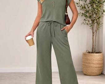 Completo da casa da donna a gamba larga e vestibilità comoda – Completo casual da viaggio in due pezzi