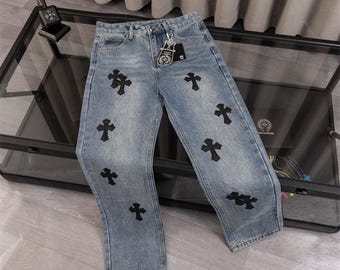 Gothic kruisdenim jeans, wijde Y2K Streetwear-broeken