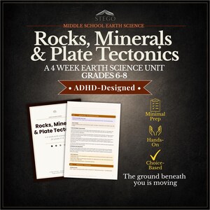 以下が含まれることがあります： 中学校の地学教材。「Rocks, Minerals & Plate Tectonics」と題された画像には、パンフレットと書類が含まれています。「ADHD-Designed」、「Minimal Prep」、「Hands-On」、「Choice-Based」の文字があります。