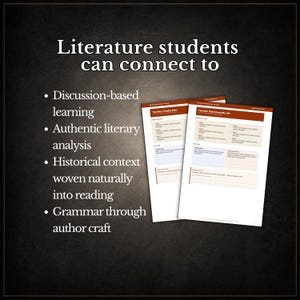 May include: Image features a dark background with white text listing ways literature students can connect to learning. Two worksheets are visible, titled "The War I Finally Won" and "The War That Saved My Life."
