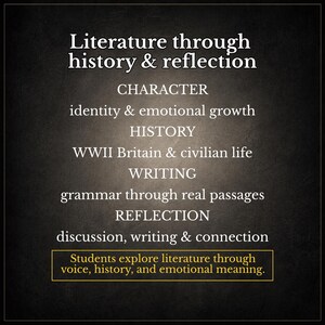 May include: A dark background with white text that reads "Literature through history & reflection." The text is divided into sections: CHARACTER, HISTORY, WRITING, and REFLECTION. The bottom section says, "Students explore literature through voice, history, and emotional meaning."