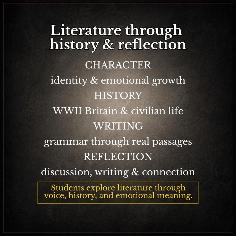 May include: A dark background with white text that reads "Literature through history & reflection." The text is divided into sections: CHARACTER, HISTORY, WRITING, and REFLECTION. The bottom section says, "Students explore literature through voice, history, and emotional meaning."