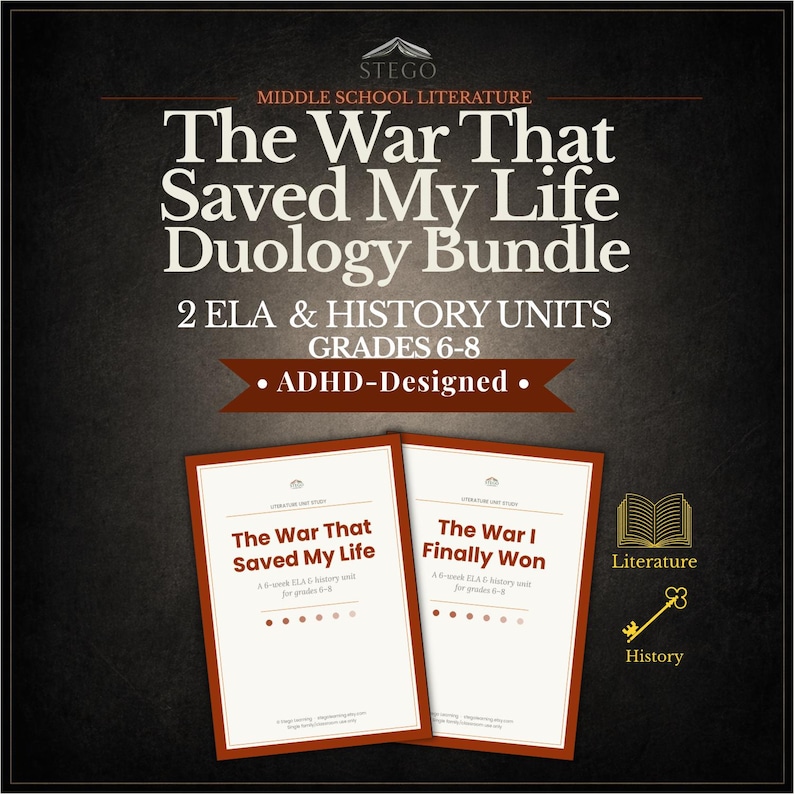 May include: A bundle of two educational units titled "The War That Saved My Life" and "The War I Finally Won." The covers are white with brown borders and text. The image also includes text that says "2 ELA & HISTORY UNITS GRADES 6-8 ADHD-Designed."