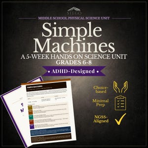 May include: A dark background features the text "Simple Machines" and "A 5-Week Hands On Science Unit Grades 6-8". The text "ADHD-Designed" is also present. A document with the title "Simple Machines" is visible, along with icons and text.