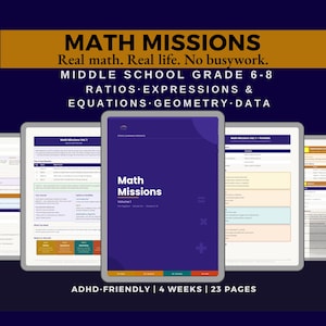 May include: Tablets display "Math Missions", a digital educational resource. The cover is dark blue with white text. It's designed for middle school students (grades 6-8), covering ratios, expressions, equations, geometry, and data.