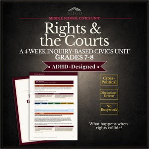 May include: A civics unit titled "Rights & the Courts" for grades 7-8, designed for ADHD students. The image features a dark background with text and a document, highlighting cross-political discussions and no busywork.