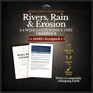 May include: An educational graphic for middle school earth science. The title reads "Rivers, Rain & Erosion" with the text "A 4 Week Earth Science Unit Grades 6-8." The design includes a document with the title and a list of features: Minimal Prep, Hands-On, and Choice-Based.