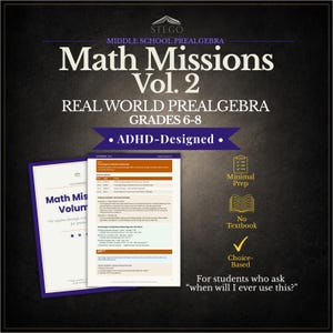 Puede incluir: Imagen de la portada de un libro y páginas abiertas de "Math Missions Vol. 2" para los grados 6-8, diseñado para estudiantes con TDAH. La portada es blanca con bordes y texto azules. Las páginas abiertas muestran problemas de matemáticas. La imagen también incluye iconos.