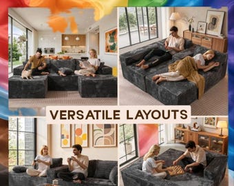 Sofá modular Cloud com pufe, estofamento em veludo cotelê, espuma viscoelástica, formato em L, para sala de estar, moderno, assento profundo, chaise macia e aconchegante.