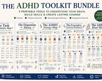 ADHD-toolkitbundel afdrukbaar, uitvoerende functie muurkunstset, neurodivergente plannerhulpmiddelen, therapiekantoorinrichting