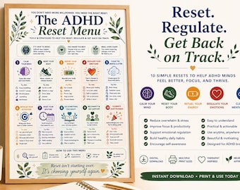 ADHD-resetmenu afdrukbaar, ondersteuningstool executieve functies, emotionele regulatie muurkunst, therapiekantoorinrichting