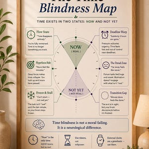 Framed Time Blindness Map printable wall art for ADHD and neurodivergent adults displayed in a calming modern workspace. Educational infographic explains time perception through concepts like Flow State, Hyperfocus, Deadline Warp, Dread Zone, and Transition Gap using a clean visual diagram with soothing blue, green, and purple accents. Ideal for therapy offices, counseling spaces, ADHD coaching, home offices, classrooms, and executive function support