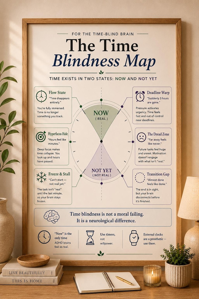 Framed Time Blindness Map printable wall art for ADHD and neurodivergent adults displayed in a calming modern workspace. Educational infographic explains time perception through concepts like Flow State, Hyperfocus, Deadline Warp, Dread Zone, and Transition Gap using a clean visual diagram with soothing blue, green, and purple accents. Ideal for therapy offices, counseling spaces, ADHD coaching, home offices, classrooms, and executive function support