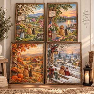 May include: Four framed wall art prints depicting a golden retriever and a cat in seasonal landscapes. The prints feature spring, summer, autumn, and winter scenes with text including "Hello Spring," "Sweet Summer Days," and "Four Seasons One Beautiful Home."