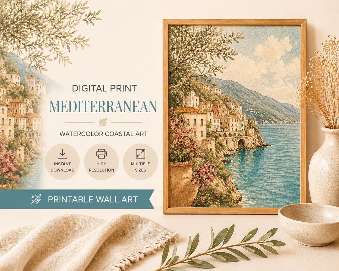 Mediterranean Coast Wall Art Printable, Italian Coastal Village Print ...