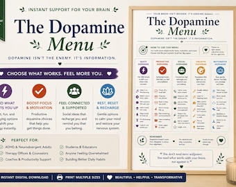Dopamine Menu Printable, ADHD Motivation Tool, Executive Function Wall Art, Neurodivergent Support, Therapy Office Decor