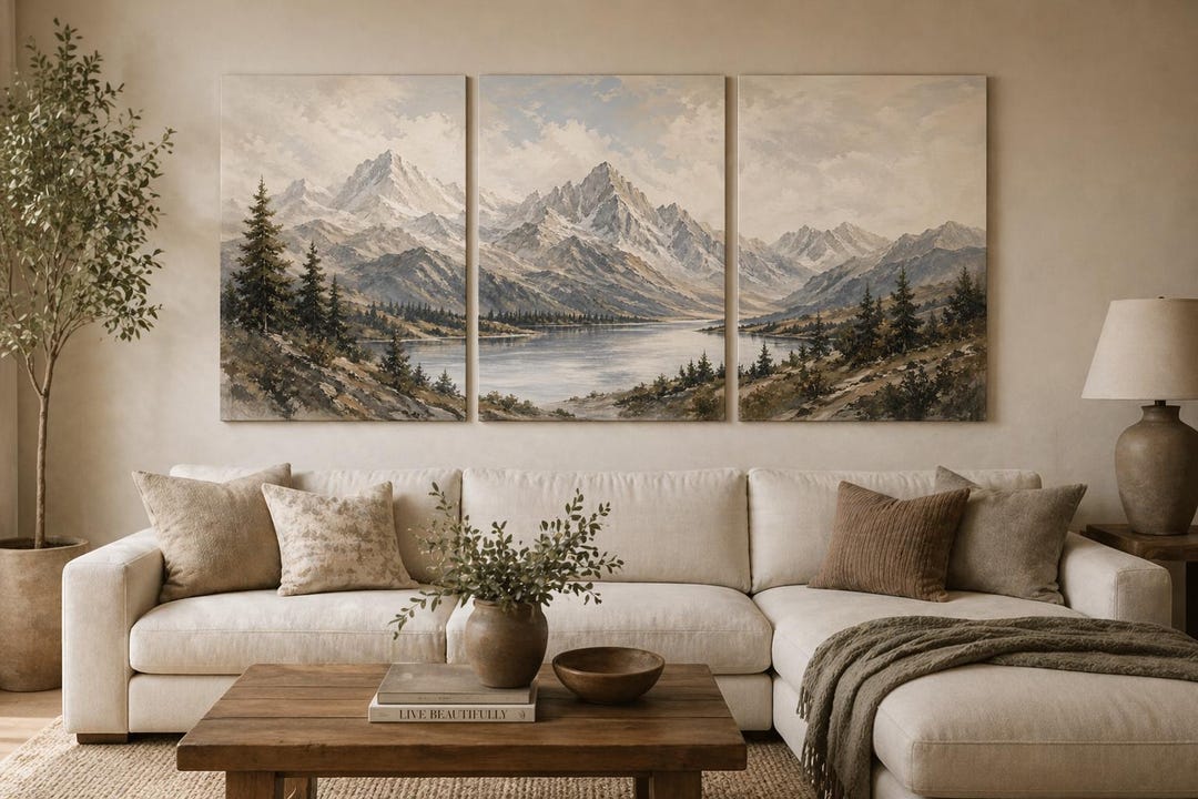 Soft Neutral Mountain Landscape Triptych Wall Art, Rustic Lake & Pine ...