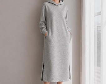 Vestido con capucha de mezcla de algodón suave / Vestido de descanso de corte relajado
