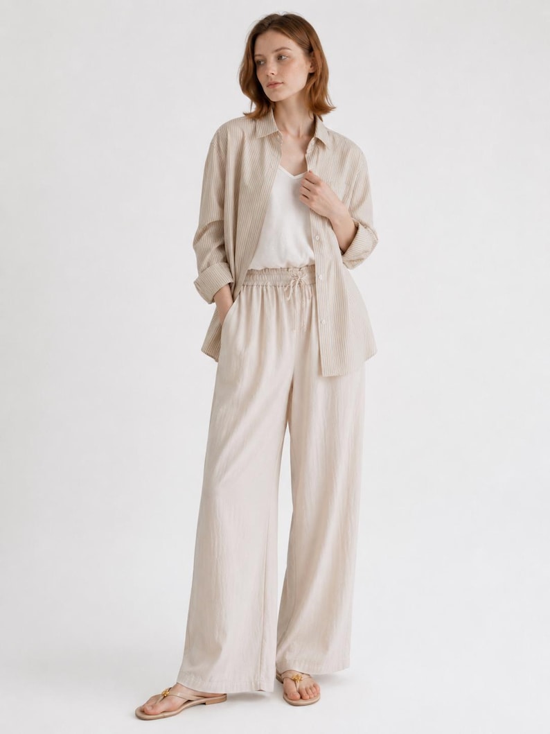 Puede incluir: Una camisa de botones a rayas beige y blancas sobre una camiseta sin mangas blanca, combinada con pantalones beige de pierna ancha con cintura el&aacute;stica de cord&oacute;n y sandalias doradas con un adorno circular en las correas.