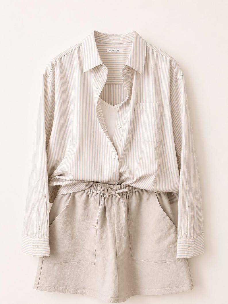 Puede incluir: Una camisa de manga larga abotonada con rayas verticales en beige y blanco, con cuello, un bolsillo en el pecho y una camiseta blanca debajo. Se combina con unos pantalones cortos beige con cintura el&aacute;stica de cord&oacute;n y dos bolsillos.