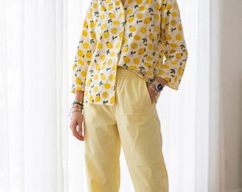 100% Organic Cotton Lemon Pajama Set, Breathable Summer Sleepwear, Soft Homewear Set