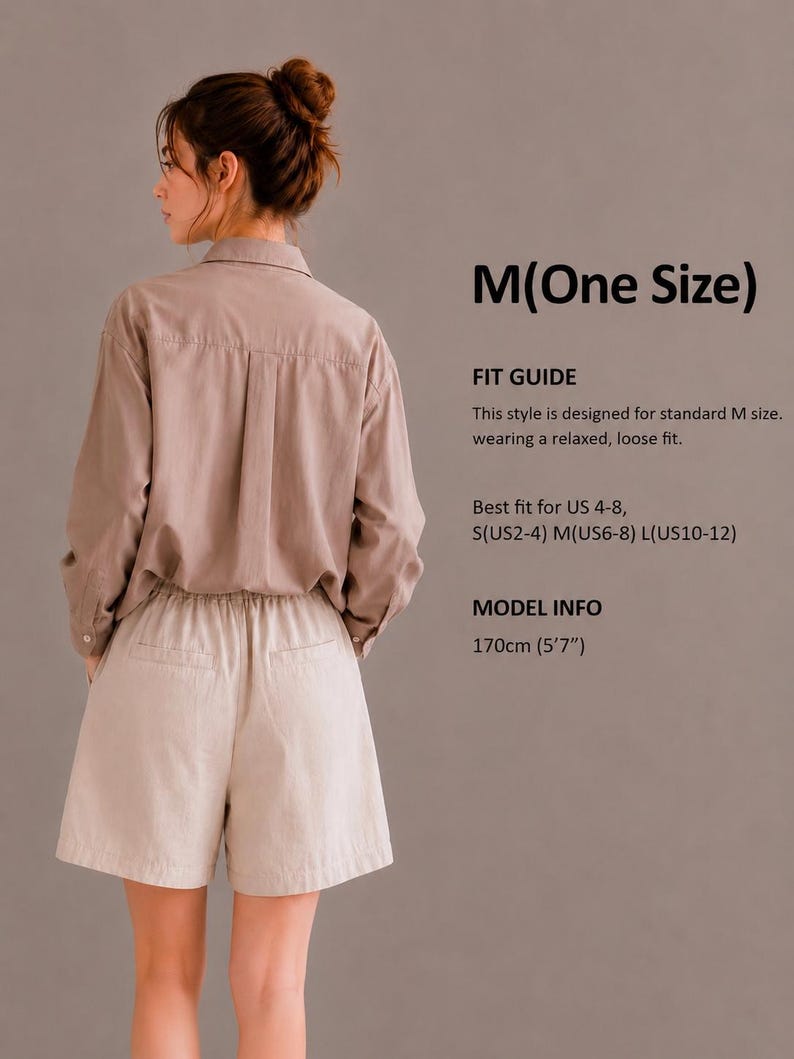 Puede incluir: Una camisa de manga larga abotonada de color malva y pantalones cortos de color beige con cintura el&aacute;stica. El texto dice: M(One Size), FIT GUIDE, This style is designed for standard M size, wearing a relaxed, loose fit, Best fit for US 4-8, S(US2-4) M(US6-8) L(US10-12), MODEL INFO, 170cm (5'7").