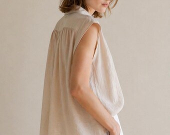 Blusa sin mangas de mezcla de lino / Top de verano holgado y ligero para mujer