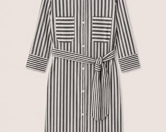 Vestido con cinturón de rayas mixtas de lino y algodón de RivaViva