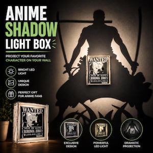 Op de afbeelding: Anime Shadow Light Box die een silhouet van een personage met zwaarden projecteert. De lichtbak heeft een "Wanted" posterontwerp met de tekst "RORONOA ZORO" en "DEAD OR ALIVE". De afbeelding bevat ook de tekst "BRIGHT LED LIGHT", "UNIQUE DESIGN" en "PERFECT GIFT FOR ANIME FANS".