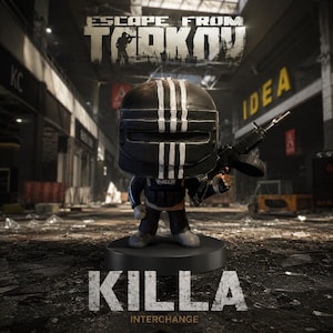 May include: A stylized Killa figurine from Escape From Tarkov standing on a circular black base. The character wears a black helmet with three vertical white stripes and a black tactical vest, holding a black rifle with a drum magazine.
