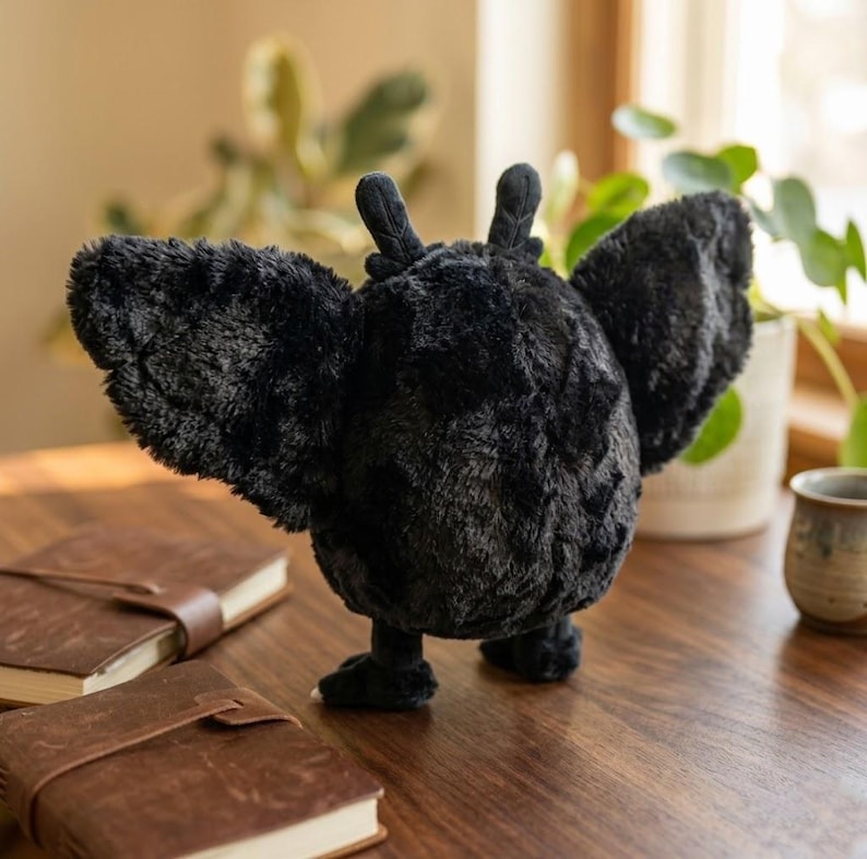Pu&ograve; includere: Un peluche nero a forma di pipistrello con le ali spiegate, appoggiato su una superficie di legno. Il pipistrello ha una consistenza morbida e dettagli curati. Due quaderni rilegati in pelle marrone sono in primo piano.