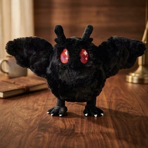Pu&ograve; includere: Un peluche nero a forma di falena, con grandi occhi rossi espressivi e dettagli bianchi. Il giocattolo ha ali spiegate e piccoli piedi con artigli bianchi. La falena &egrave; posizionata su una superficie di legno.