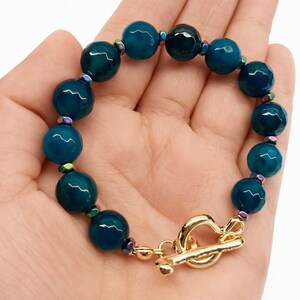 Handmade Petrol Green Agate Bracelet, Faceted Gemstone, Hematite Accents, Gold Clasp