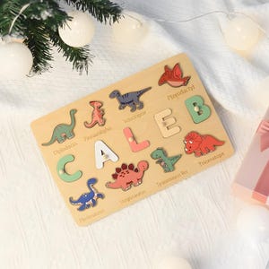Personalized Dinosaur Name Puzzle, Montessori Toy, Custom Dino Nursery Decor, 1st Birthday Boy Gift, Baby Shower Gift, Wooden Christmas Gift