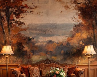 Rust Orange Vintage Impressionist Forest Wallpaper, Autumn Landscape Mural, Dark Academia Decor, Moody Tree Wall Art