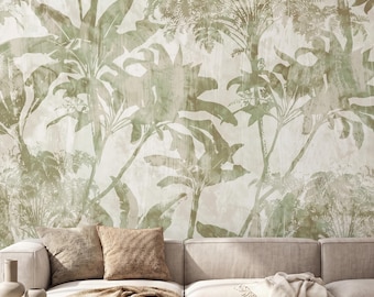 Sage Green Tropical Wallpaper Mural, Peel and Stick Palm Leaf Wall Decor, Removable Vintage Jungle Botanical Design