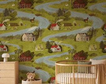 Moss Green Folk Art Countryside Storybook Wallpaper, Nursery Playroom Wall Decor, Whimsical Farm Life Mural