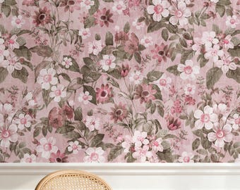 Dusty Pink Floral Wallpaper, Peel and Stick Botanical Wall Decor, Removable Cottagecore French Country Design